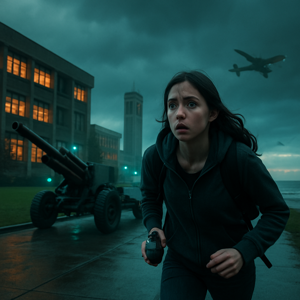 The dream unfolds in fragmented scenes, including concerns about safety against a backdrop of war-like symbols, such as a howitzer and a grenade, within a familiar setting of a university campus. It ends with a flight journey symbolizing a search for freedom or escape.