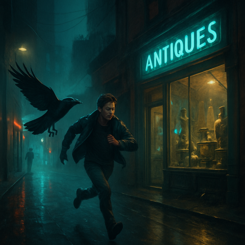 The dreamer walks down a street at night and finds an old place with artifacts. Feeling uneasy, they run away without looking back, eventually calling upon a crow to fly with them, feeling safe with its presence.