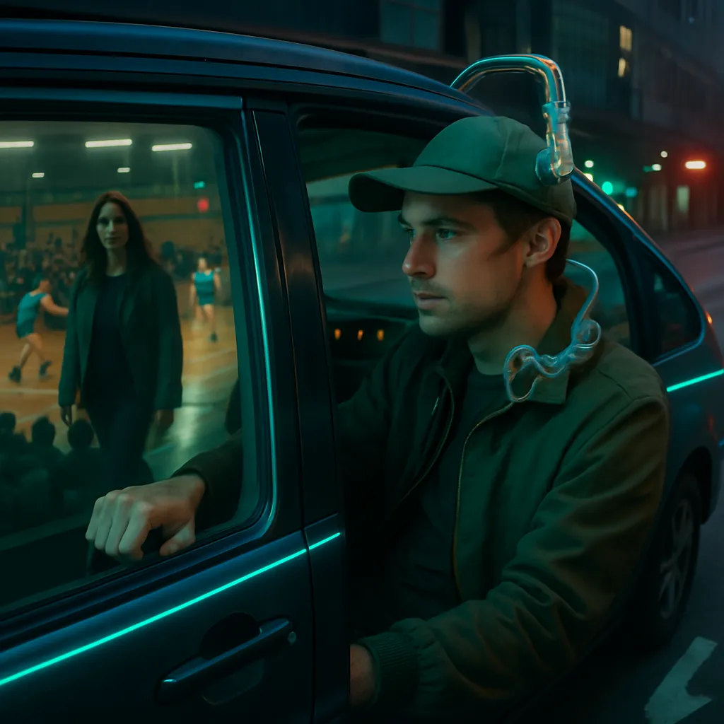 The dreamer participates in setting up a basketball game led by a woman, encounters her in Midway airport without speaking, observes men showing keen interest in a women's game, drives the wrong way on a street, and notices a glass pipe attached to a cap they are wearing.