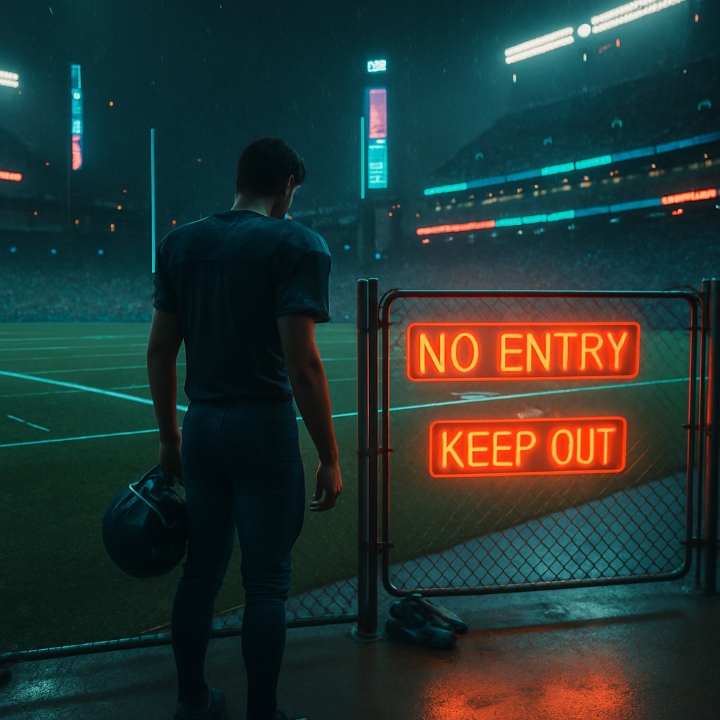 The dreamer dreams of trying to participate in a football game but is hindered by missing equipment or obstacles preventing access to the field.