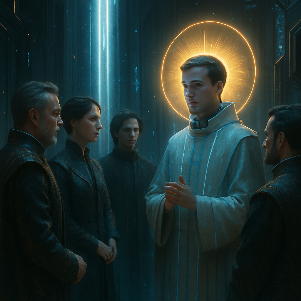 The dreamer encounters a group of nobles with whom one, a young priest, is identified as the King of Great Light. They engage in a conversation about meeting in future lives, leaving the dreamer feeling very happy.