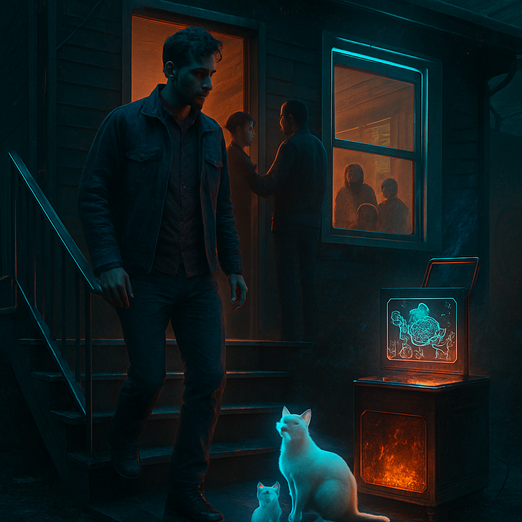 In a dream, the dreamer walks down wooden steps at night, encounters friendly white cats with magical qualities, enters an unfamiliar house, experiences conflict with strangers, and engages in symbolic discussions about turtles and salamanders. The dream includes themes of past temptation with a figure named Michael Cradell and a symbolic scene of food frying leading to an inferno, with music by Almond Bros as background.