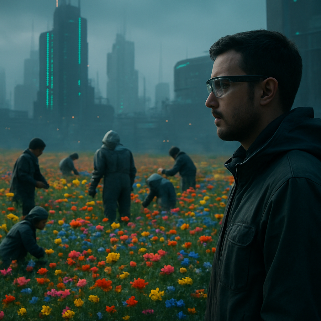 In the dream, there are people tending to their land, seemingly unaware of the broader crisis they're helping to mitigate. As the land transforms, it becomes filled with colorful flowers, symbolizing growth and beauty amid confusion.