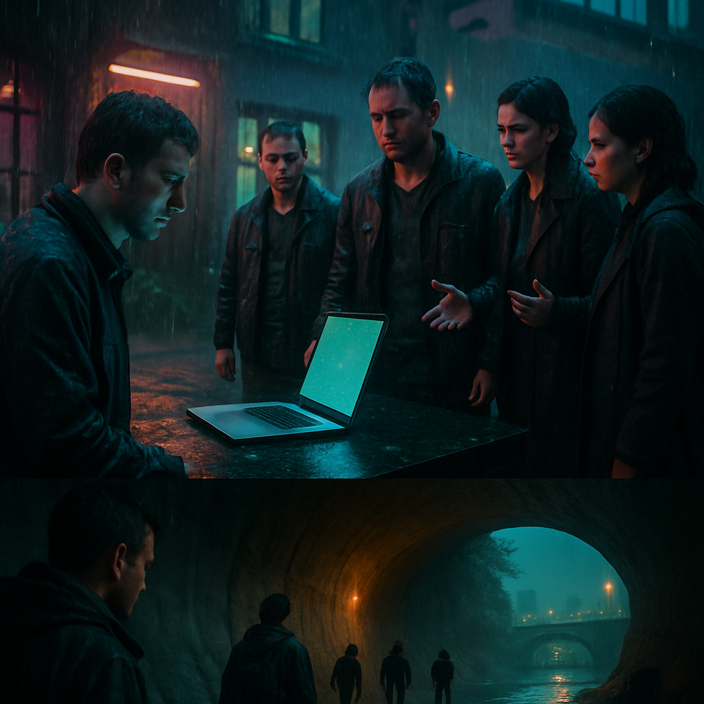 In this dream, the dreamer observes their laptop in the rainy courtyard, worried about the damage. Others pressure the dreamer to resolve the issue their way. Later, the dreamer explores an underground creek with others, finding it emerging into a larger river.