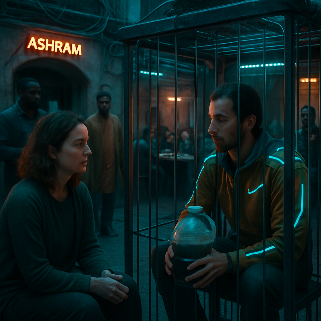 The dreamer conducts a session with Gemma in a courtyard, faces distractions, and later attends a communal dinner. The dreamer ends up in a cage, exploring self-sufficiency amid community rules, with a spiritual friend's guidance.