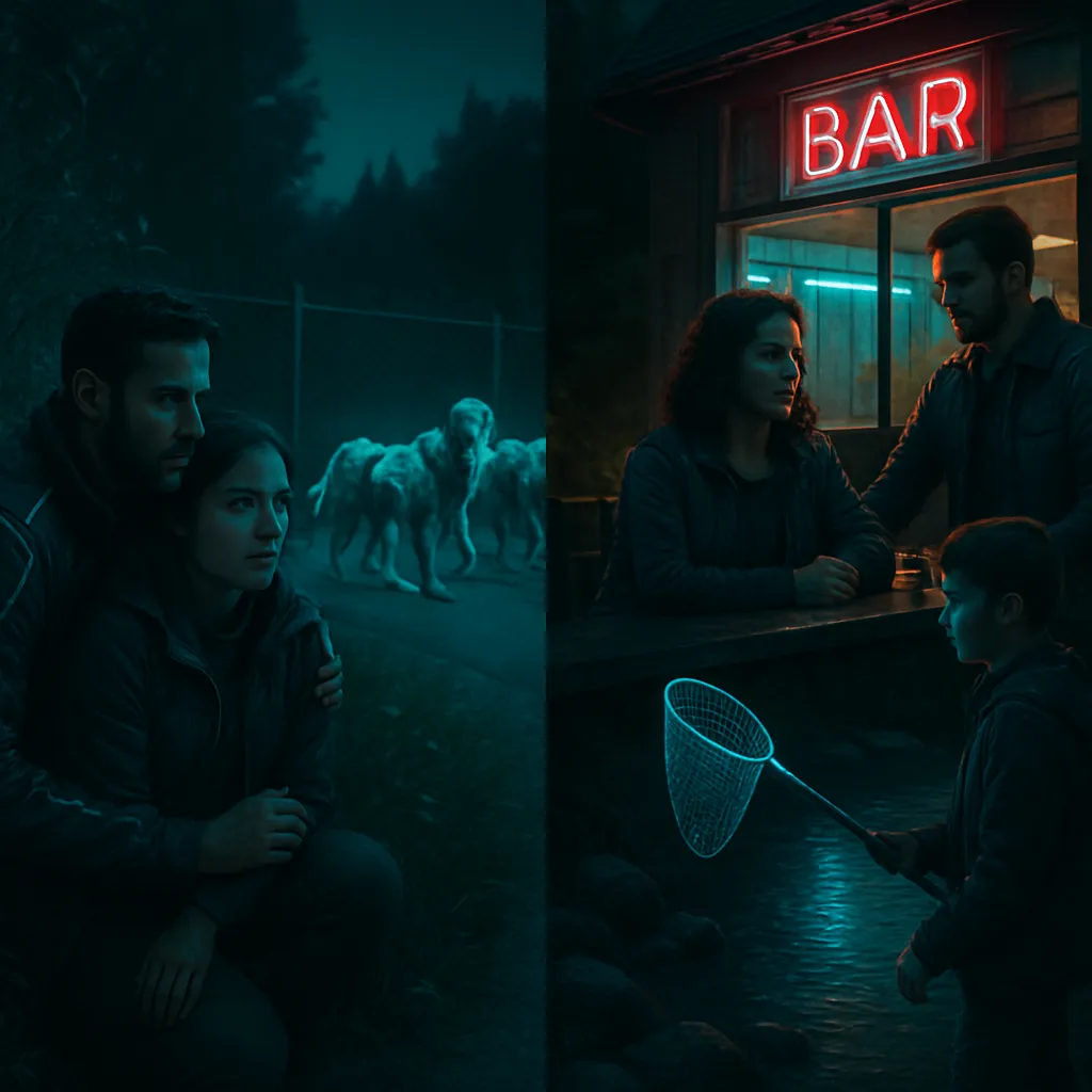 The dreamer hides with her husband near the Oregon-California border from passing, progressively aging dogs. They eventually proceed to a bar where they meet a friend. The scene shifts, now with her son by a river, where they encounter a couple with a dog.