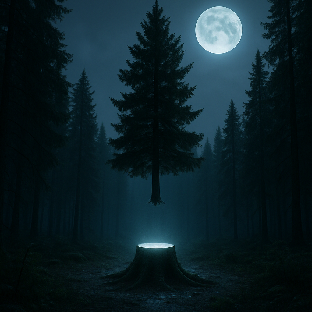 A dream of a floating pine tree in a forest with a glowing stump under a full moon.