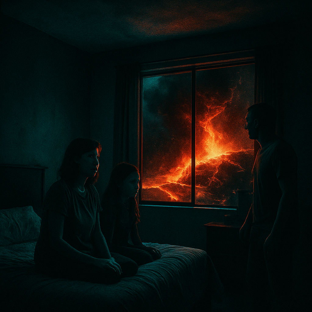 The dreamer experiences a catastrophic event involving loud booms and lava while sleeping at home, prompting a fear of death.