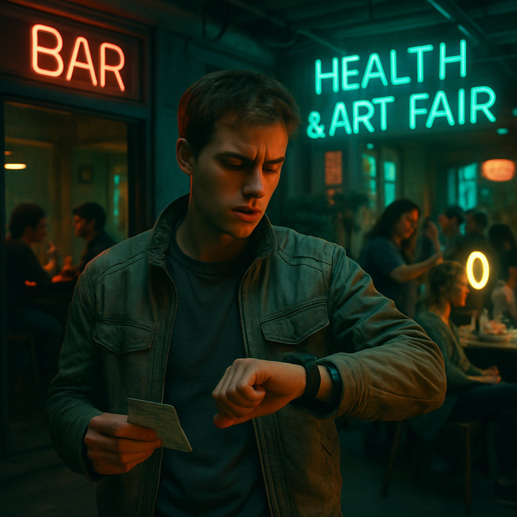 The dreamer has tickets to a show and intends to go, but after several stops and exploring a health/art fair, they miss the show realizing it's too late.