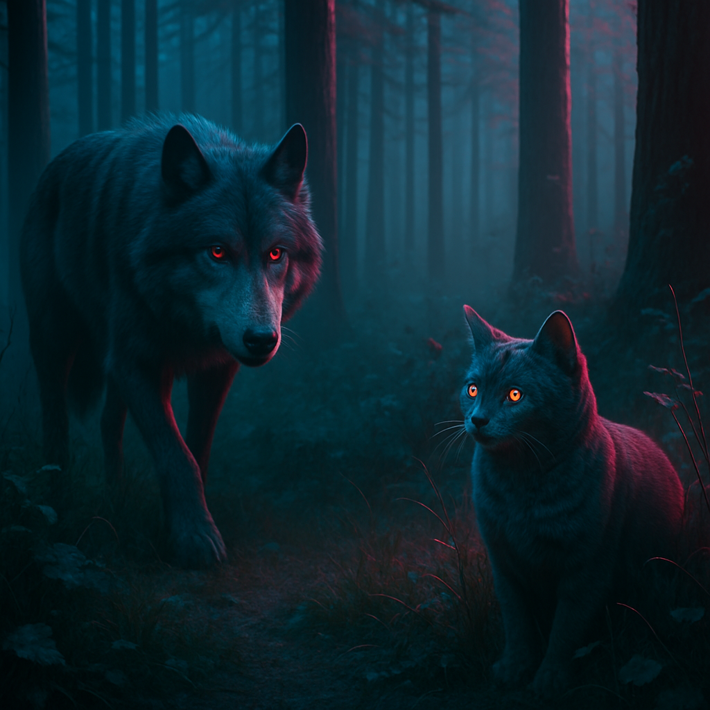 The dreamer is in a forest, witnessing a potential predator-prey interaction. The smaller animal turns out to be Levi, their cat, bringing relief when recognized.