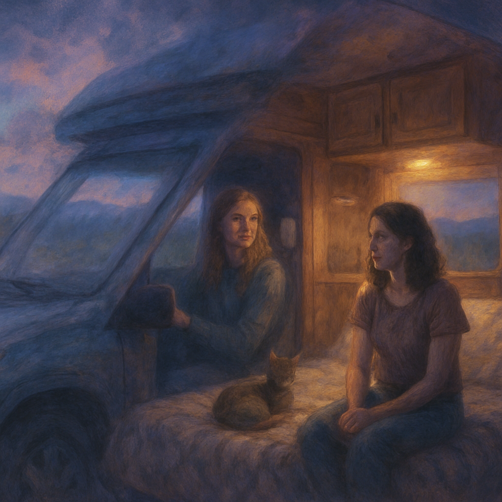 The dreamer is visited by Eliza Coadie from high school. They drive in Eliza's car, which shifts from an SUV to an RV. Inside, there's a comfortable setup, a bed, and a cat. The dreamer feels envy towards Eliza's mobile lifestyle.