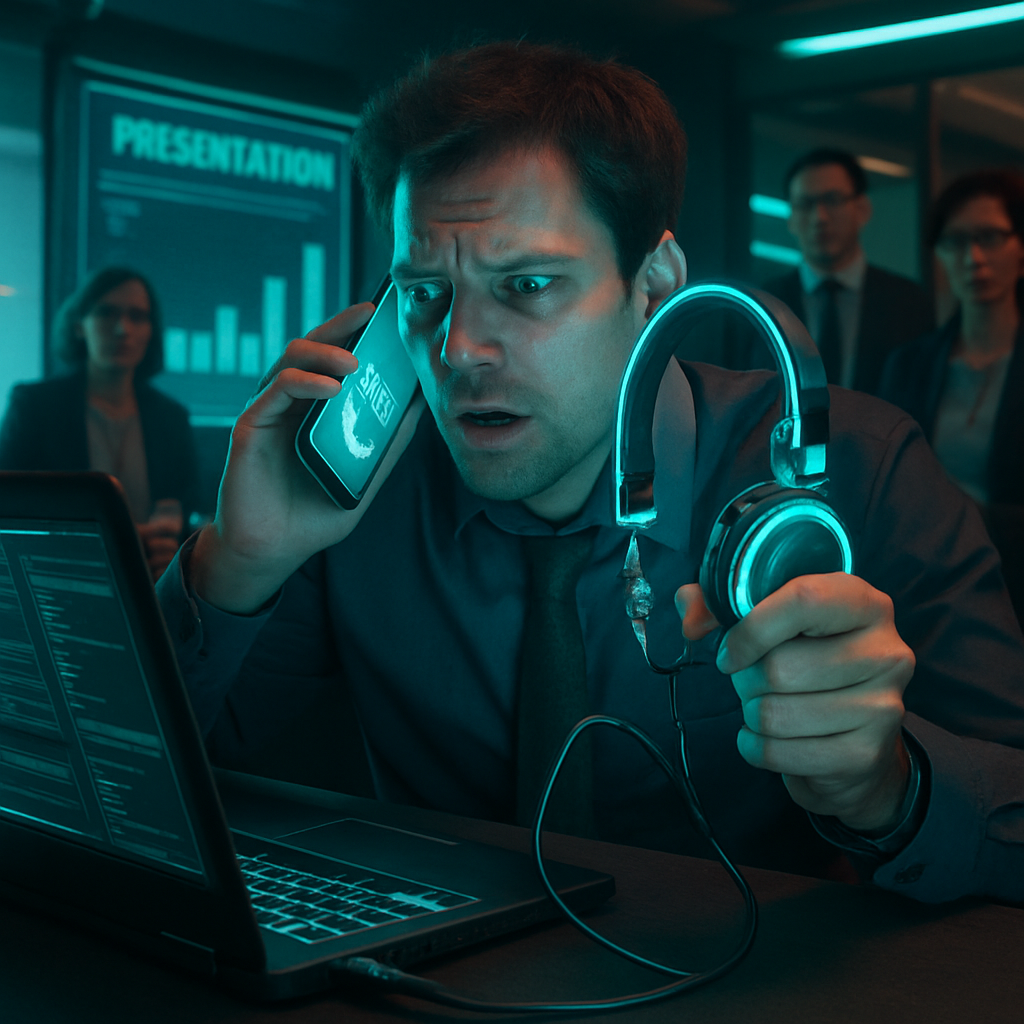 The dreamer experiences anxiety over a broken headphone port impacting communication during a work presentation, leading to frantic attempts to contact coworkers for help.