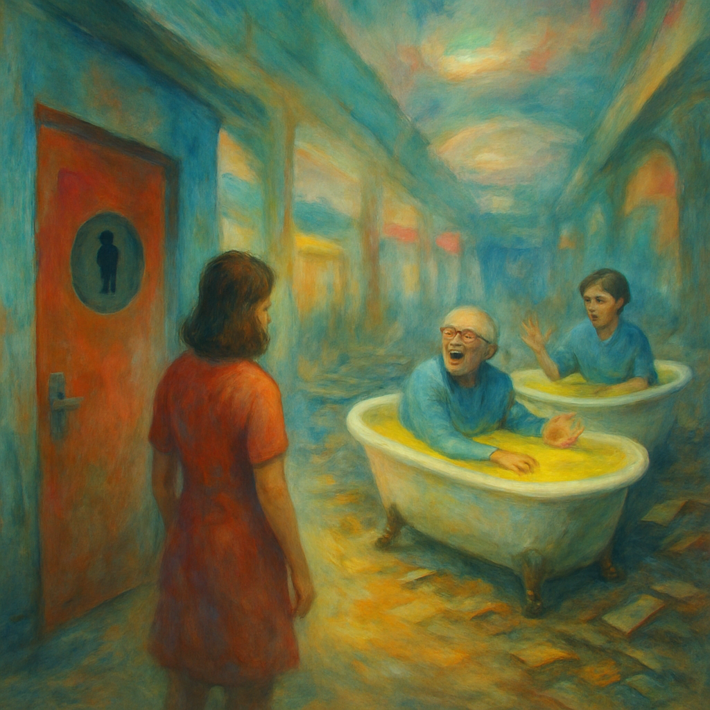 I was looking for a bathroom in a mall. I found a non-functional bathroom and another room with people in bathtubs filled with what I thought was pee, but it was Pine Sol. Bernie was laughing psychotically, and mom was telling him to stop.