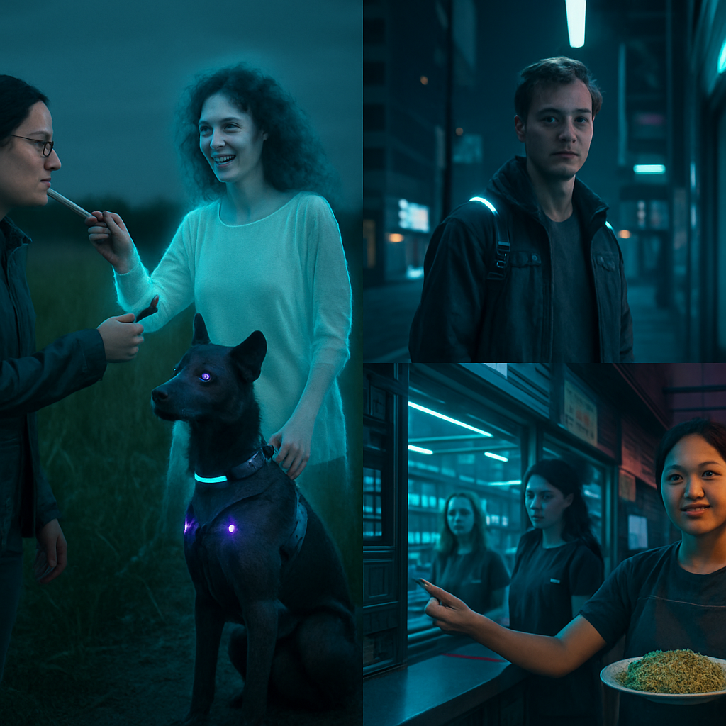 The dreamer encounters Julie's ghost engaging in playful antics and meets a German man indicating a fleeting connection. The dreamer handles a situation at work effectively and receives a free meal from an acquaintance at Anon Thai, signaling unexpected enjoyment.