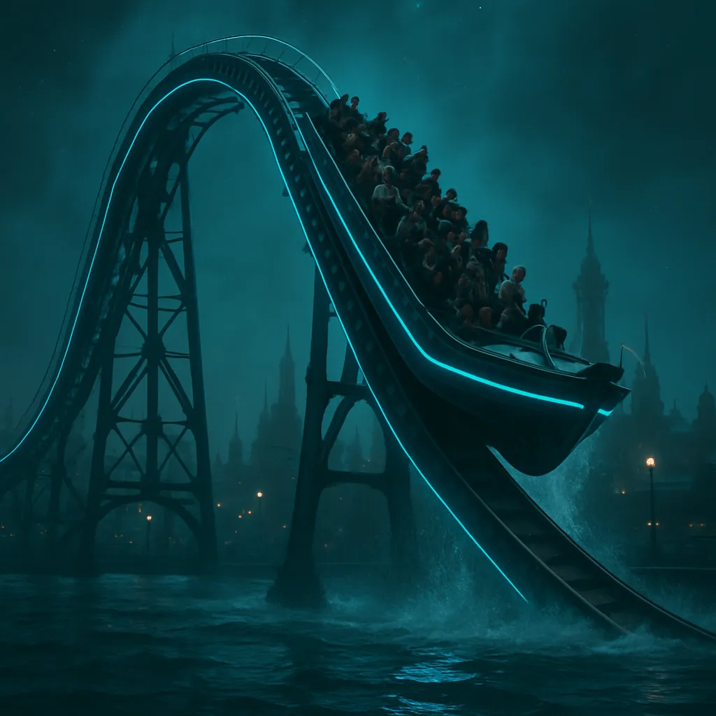 A dream where a giant boat rides up a rollercoaster, reminiscent of a DisneyLand thrill ride, rising high before crashing into water. Others are on the ride, but it's not fun for the dreamer.