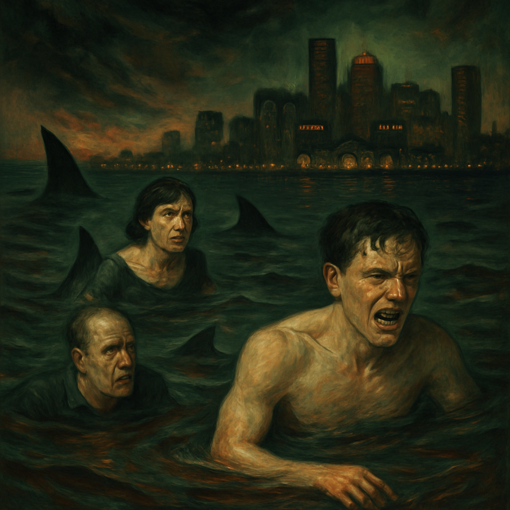 A nightmare about swimming in polluted Boston Harbor with family, facing fear of sharks and dealing with Michael's injury.