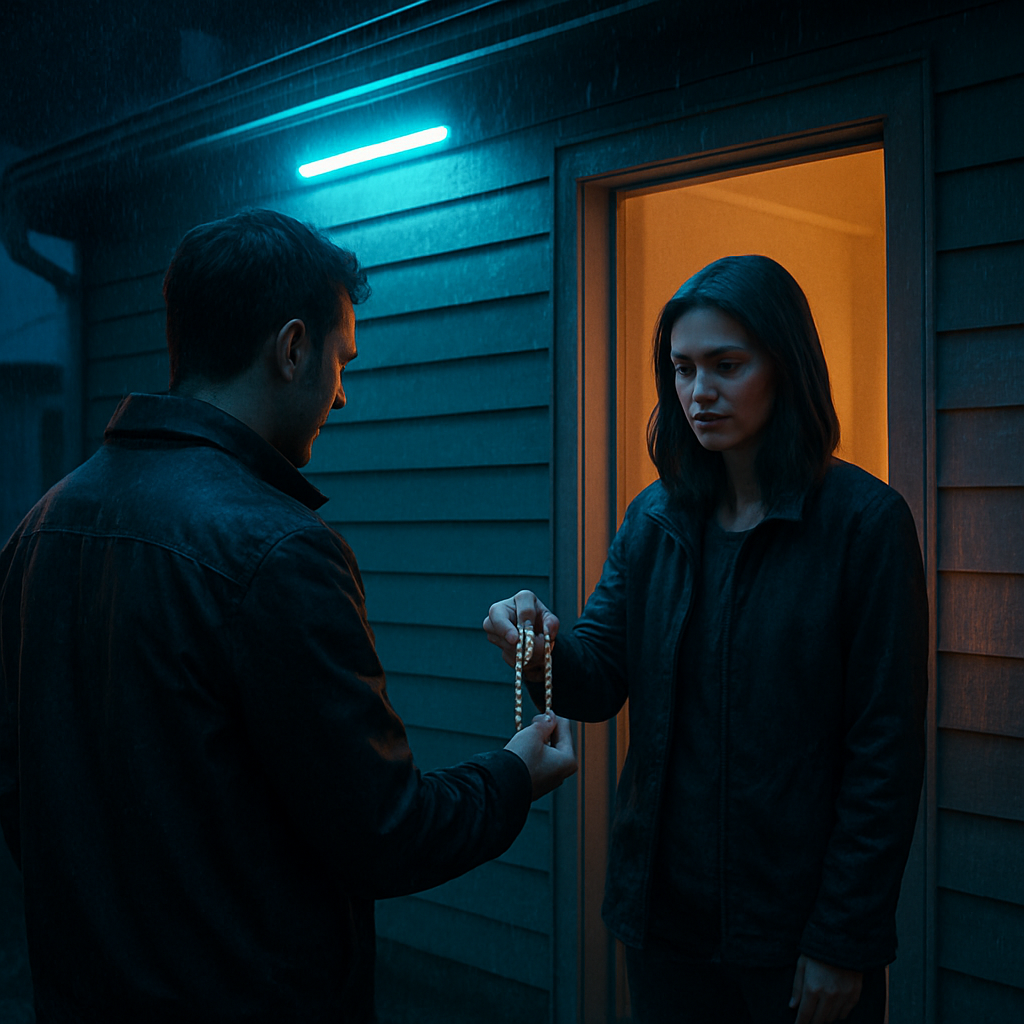 The dreamer moves in and out of a plain house and later interacts with a woman, returning a string of white pearls to her.