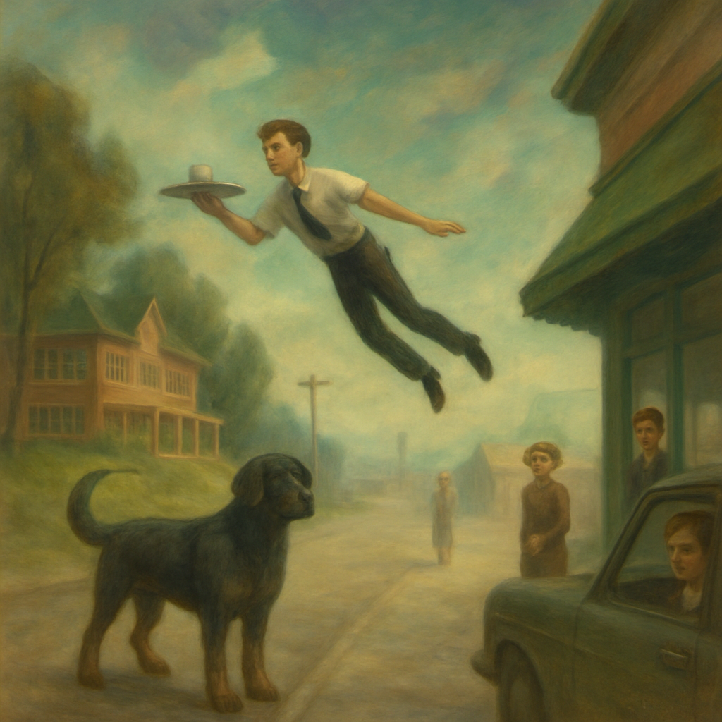 The dream takes place in a resort-like area mixed with a school, involving the dreamer flying but struggling to gain altitude. The dream shifts locations, includes a large, friendly dog, a sour woman, and a friend who may be an administrator. There is a touch of nostalgia with scenes depicting life akin to the 1940s.