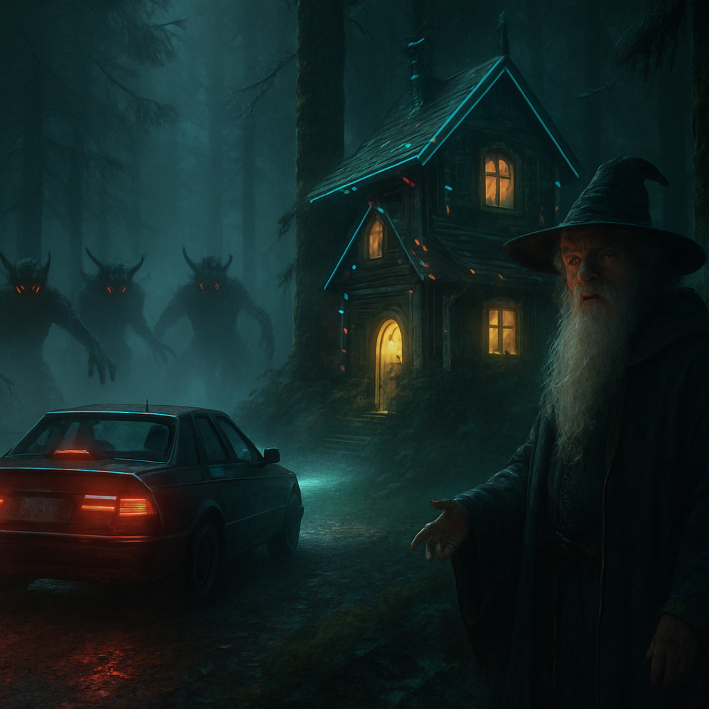The dreamer is chased by bad magical creatures but manages to escape using a vehicle. A Dumbledore-like protector offers a safe magical house hidden in the woods.