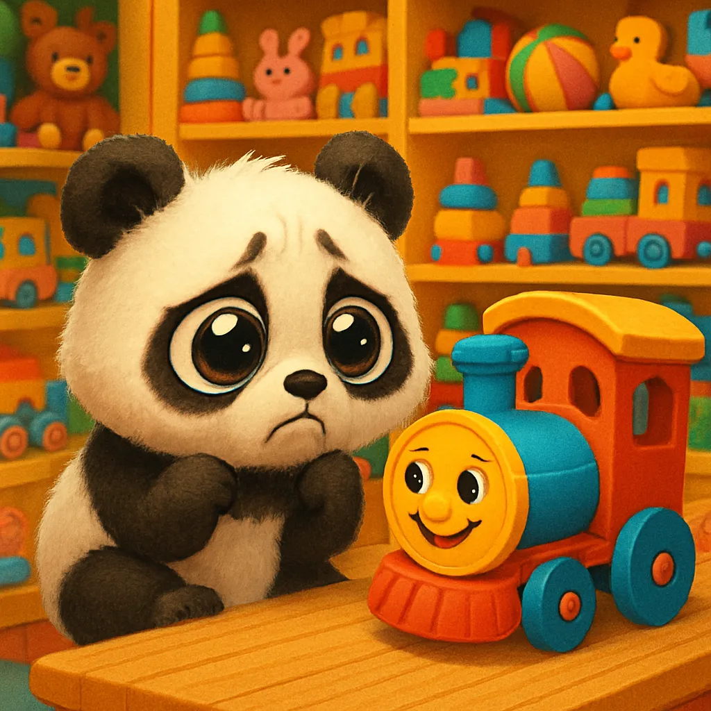 A cartoonish 3D panda with large, bright eyes expresses a needy and humorous demeanor while observing a smiling toy train in a vibrant toy store, capturing a scene of charm and innocence.