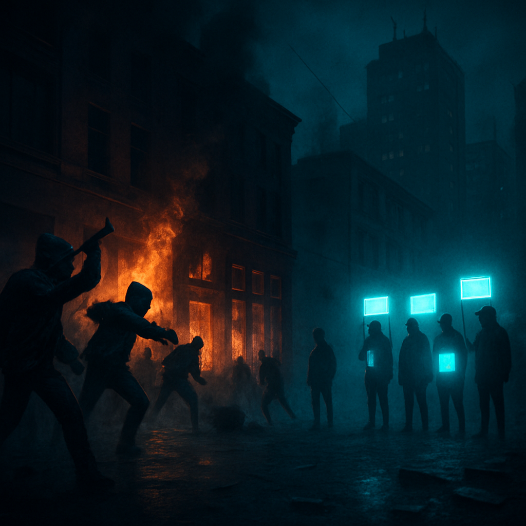 The dream depicts a chaotic scene where rioters cause destruction and demonstrate actions oppose peaceful protestors trying to maintain order. The dreamer emphasizes the chaos and the focus on creating problems over peaceful solutions.
