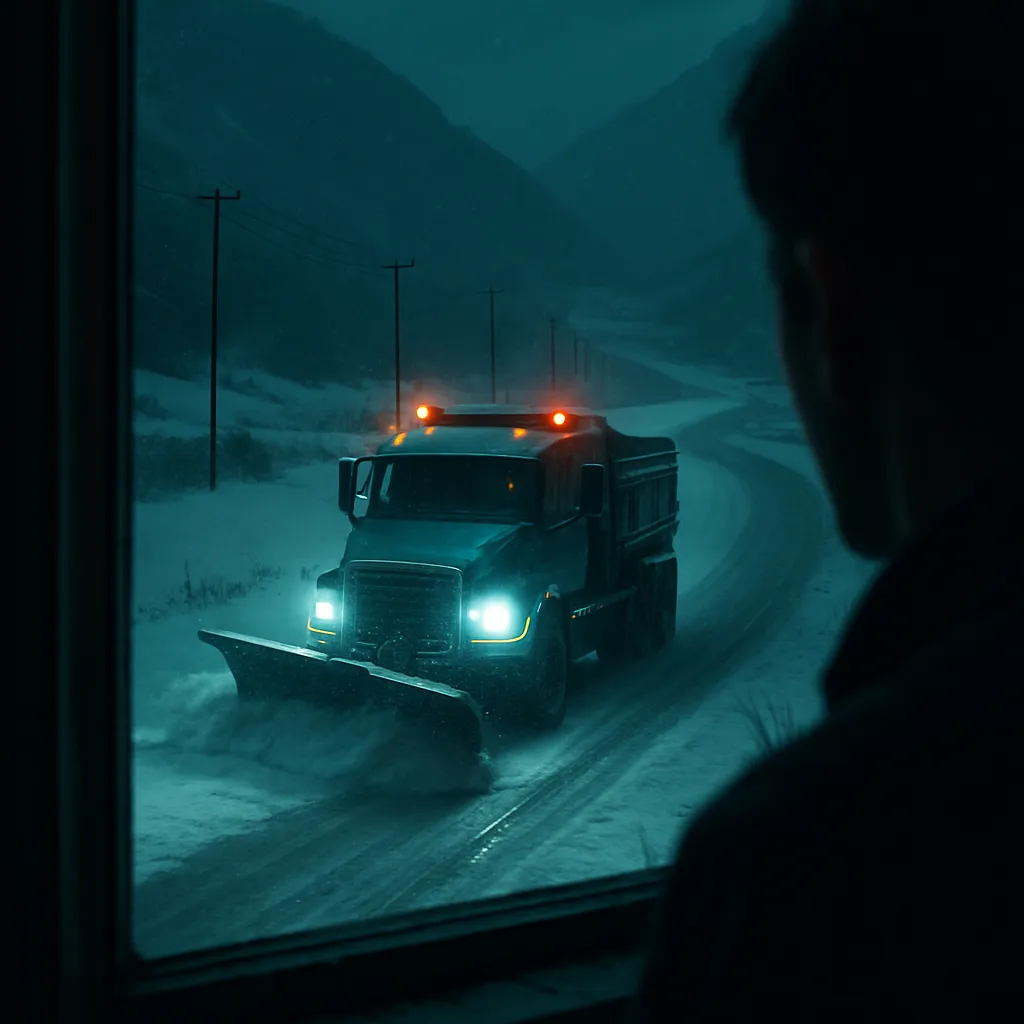 The dreamer observes a snow plow pushing snow on a road from a distance. As its lights face the dreamer, they feel observed by the driver, leading to a brief interaction.