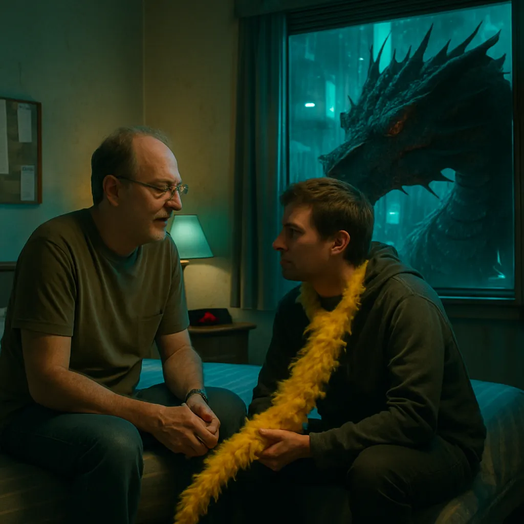 The dreamer is in their old room with their dad, talking on the bed. Smaug, a fictional dragon, tugs at a yellow feather boa seemingly attached to the dreamer.