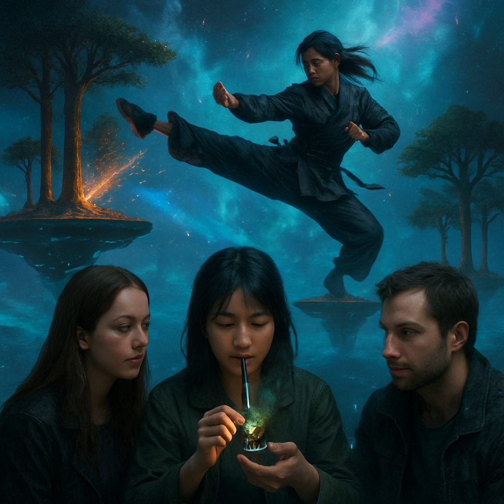 The dreamer is with friends Lisa and Aiko, along with an unknown man. They engage in a cleansing ritual by putting fresh herb into a pipe to smoke, symbolizing renewal. Aiko impressively chops down trees in a spiritual sky world, using martial arts skills for transformative purposes.