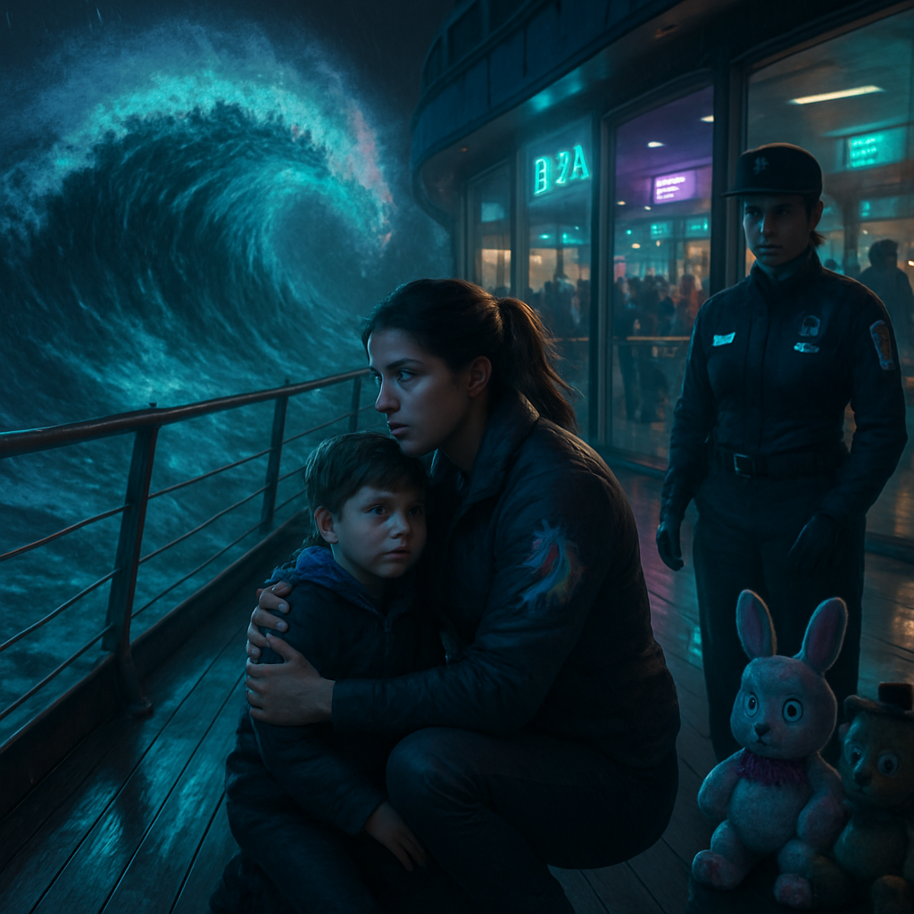 The dream involves a threat from a wave on a deck, urgency to protect a son, overwhelmed feelings in a crowded place resembling LAX or a casino, guidance from a TSA agent with a unicorn tattoo, and uncanny, animated stuffed animals.