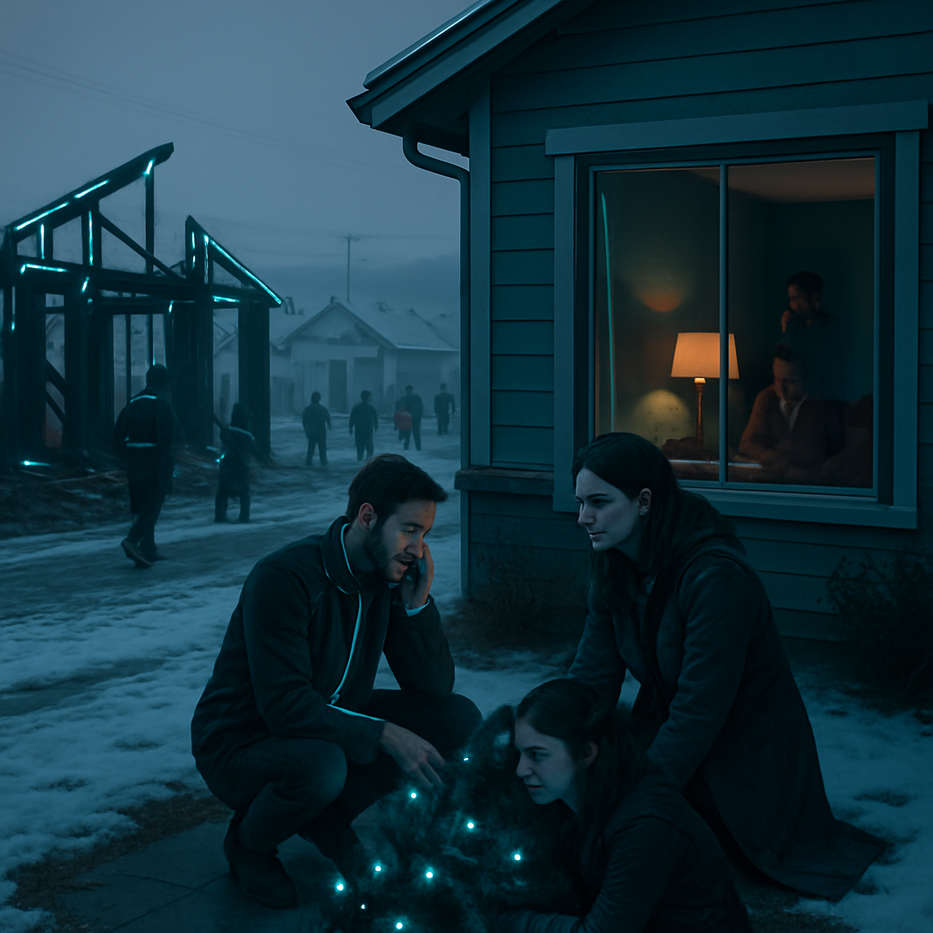 The dreamer navigates a mysterious community in the high plains, dealing with a burned house, missing dogs, and a complex dynamic with an ex-partner. Emotional confrontation arises around a Christmas tree, resulting in a moment of vulnerability and human connection.