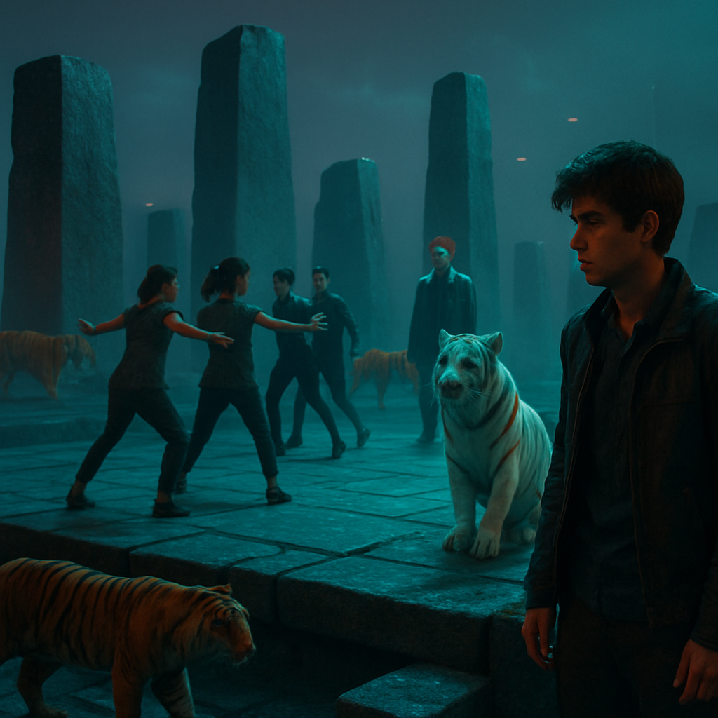 The dreamer finds themselves in a mysterious land, strategizing with a group to pass through without being attacked by guardian tigers. A dance sequence is key to their escape, but the dreamer struggles with inclusion and teamwork, feeling left out.