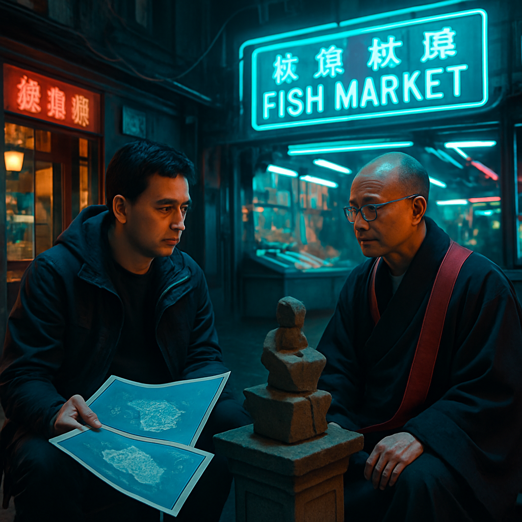 The dreamer navigates through old-fashioned shops and a fish market, interacts with a Dharma teacher, accidentally knocks over a small stone object, reflects on personal imperfections, and rides in a car discussing a retreat while showing maps of unfamiliar islands.