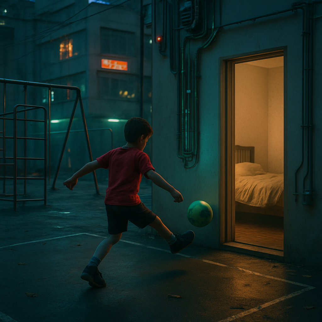 The dreamer, as a child, played soccer on a playground. The dream ended with the dreamer kicking a ball that resulted in an accidental kick to a bedroom wall, waking them up.