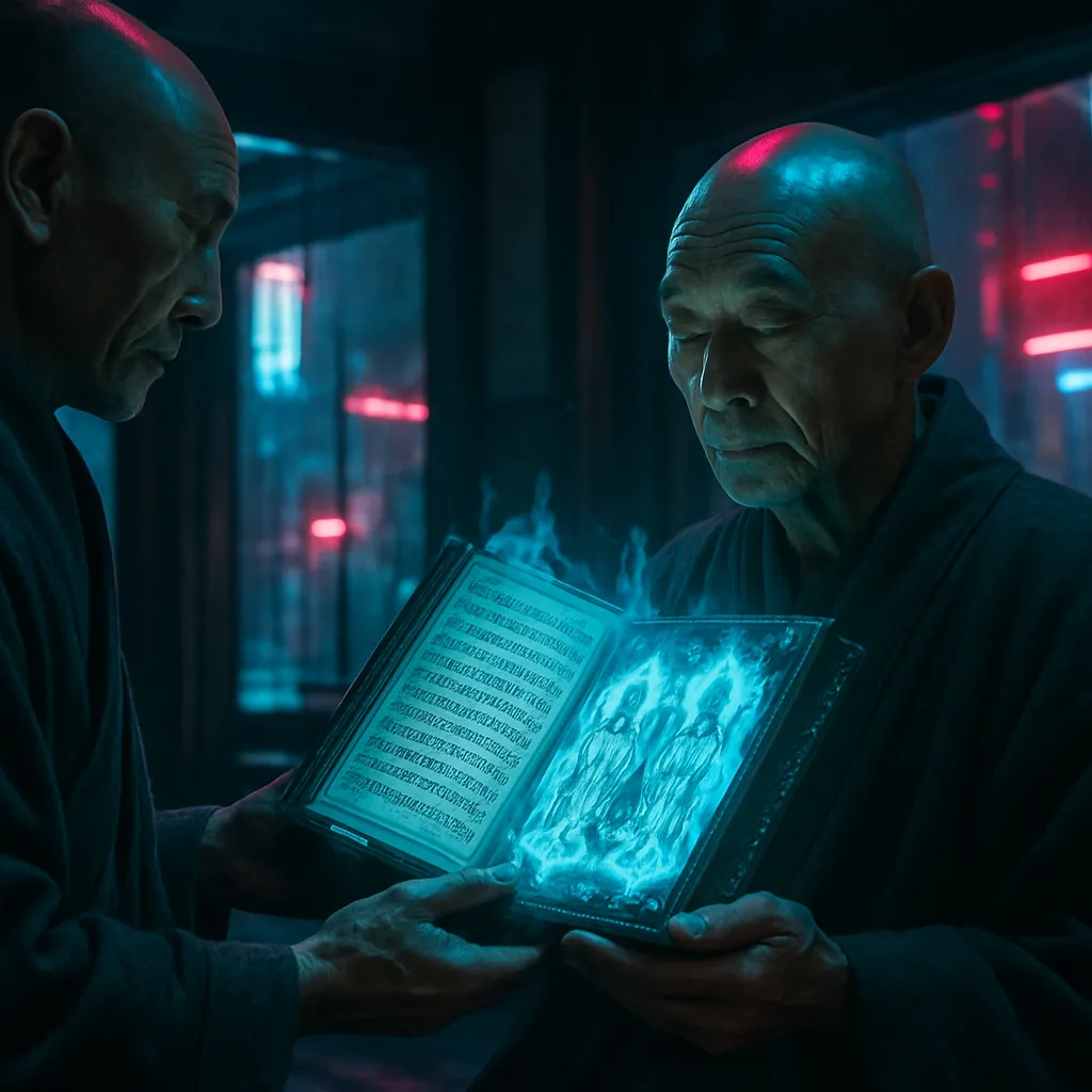 The dreamer meditatively dreams of receiving a mysterious spiritual book from the late Precepts Master Gyoi, featuring Sanskrit text and bodhisattva imagery within blue flames, leading to questions about spiritual understanding.