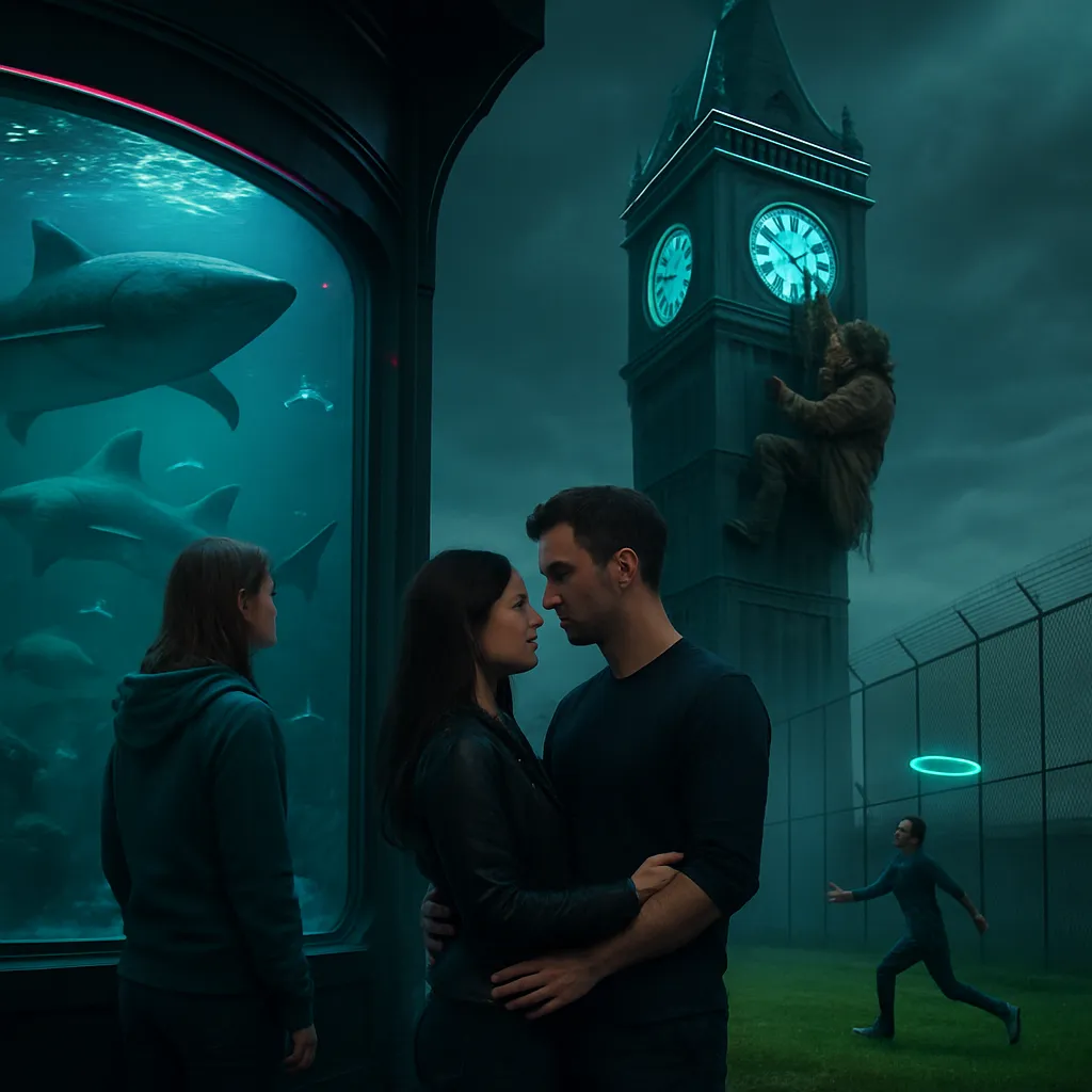 In the dream, the dreamer observes a friend watching large creatures in an aquarium. A man in rags is caught by a clocktower, stopping its time. The dreamer shares an intimate moment with their husband's friend. A playful chase for a frisbee with the son ensues.