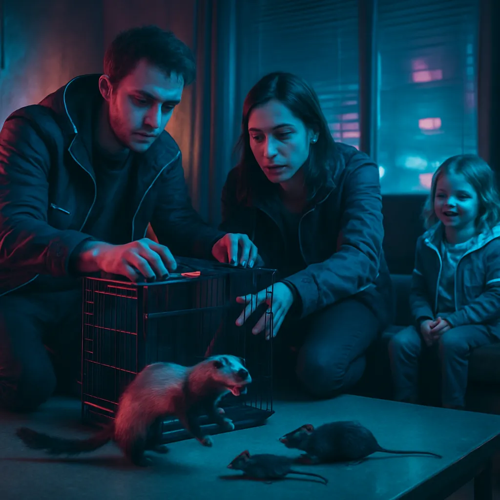 The dream involves having an unexpected ferret running wild, with Danielle and you trying to set up a cage. As the ferret attacks the rats, a symbol of existing responsibilities, it transforms into a joyful little girl, revealing happiness in unexpected change.