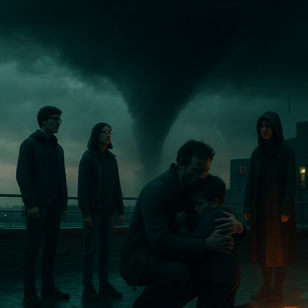 In this dream, the dreamer is on a college rooftop with their brother, sister, and young son. A tornado approaches, and while the siblings are indifferent, the dreamer urgently tries to protect their son. A mysterious woman appears, giving ominous instructions. The dream ends with the emotional aftermath of the experience, marked by familial loss and parental guilt.