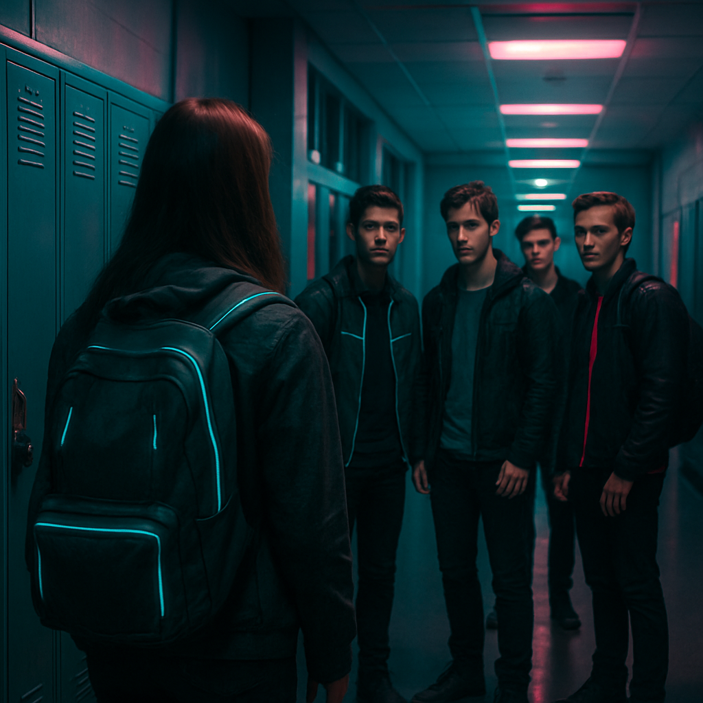 The dreamer revisits a high school setting, walking by a group of popular and good-looking guys who turn to notice them, prompting feelings of recognition or validation.