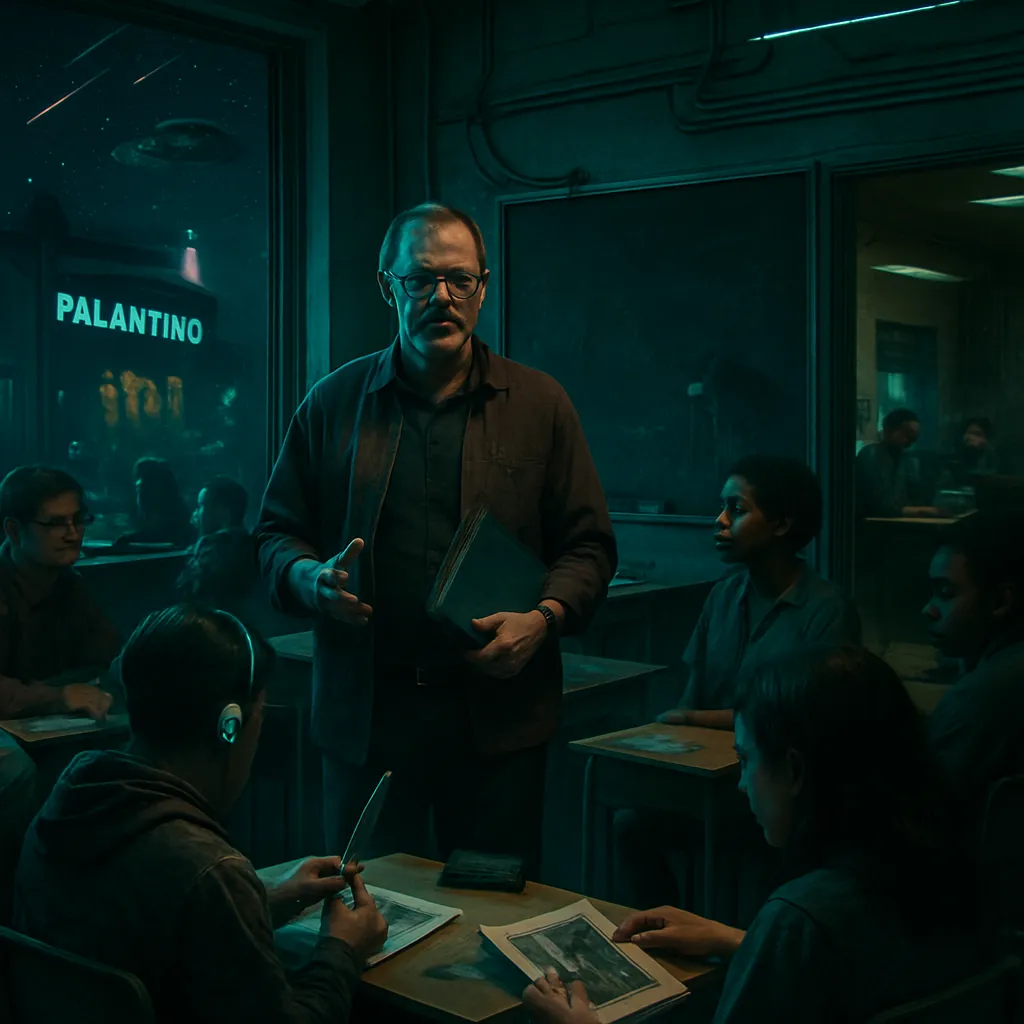 The dreamer returns to teaching at Palantino after retirement but faces various confusions, changes, and an uncertain schedule. They engage with students in tasks like saving books and preventing them from cutting pictures. Other supernatural elements appear, like flying, astral projection, and potential alien visits, indicating a blend of realistic and fantastic elements.