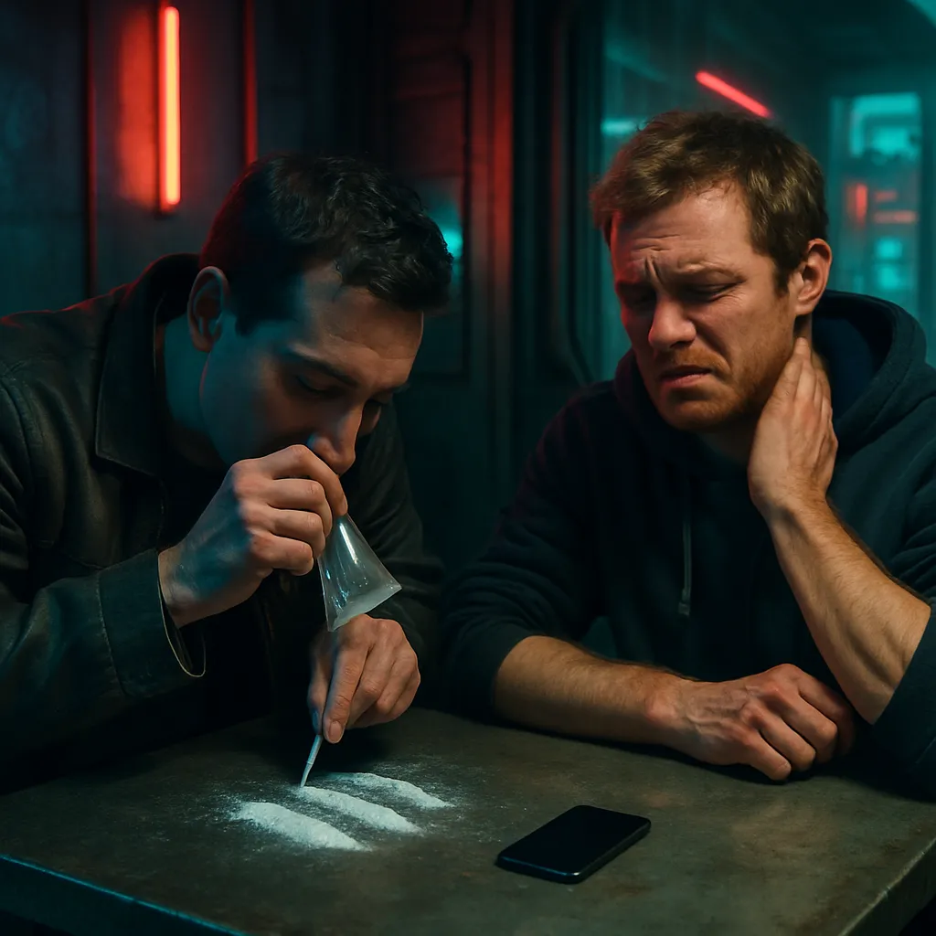 The dreamer engages in cocaine use with an unknown male person and experiences regret and physical discomfort.