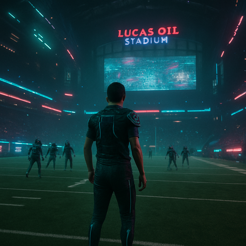 The dreamer is at Lucas Oil Stadium, playing a sport without fully knowing the rules or structure, feeling uncertain.