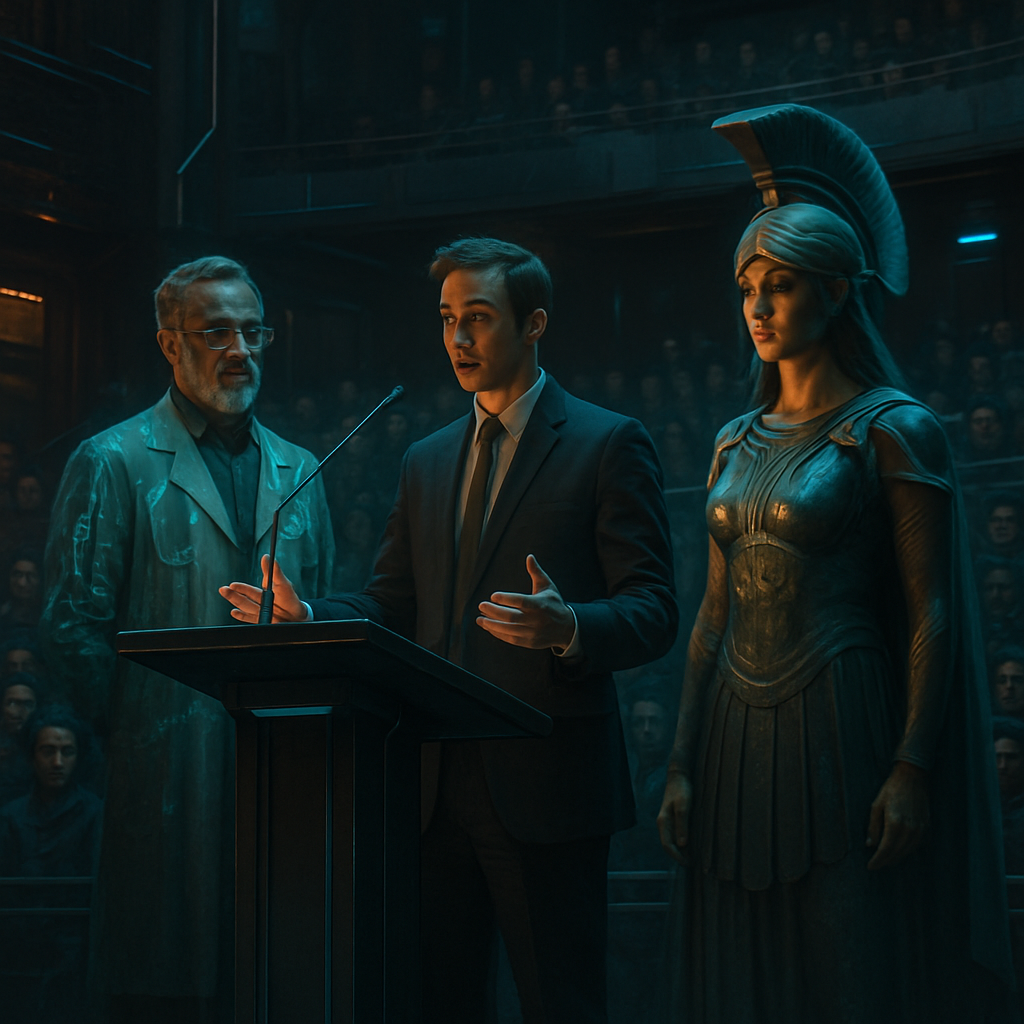 The dreamer is endorsed by figures like doctor Porphyrio and Athena to deliver a speech, with the support of the Cyzicenes. It unfolds in a theater, symbolizing public expression.