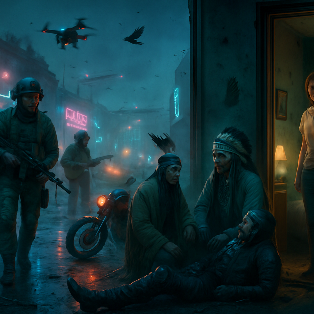 The dreamer dreamt about being drafted into a war alongside musicians, witnessing a motorcycle accident, meeting guiding Native Indian figures at an airport, and experiencing minor irritations in a transformed house. Emotional themes include fear of conflict, responsibility, and transitions.