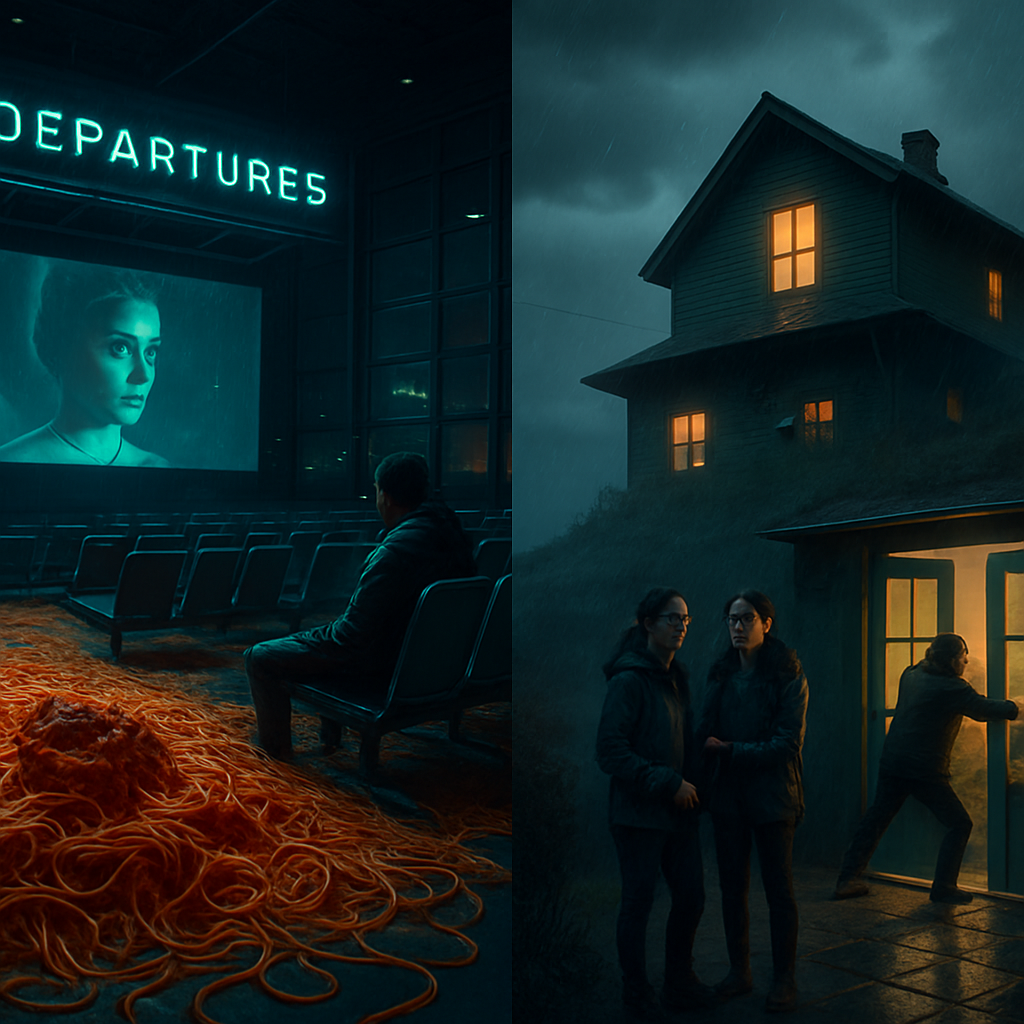 The dream involves being at a deserted film screening event at an airport with an abundance of spaghetti and transitioning to a house on a hill owned by a lesbian couple just before a storm hits, facing challenges to close doors against the strong winds with father's assistance.