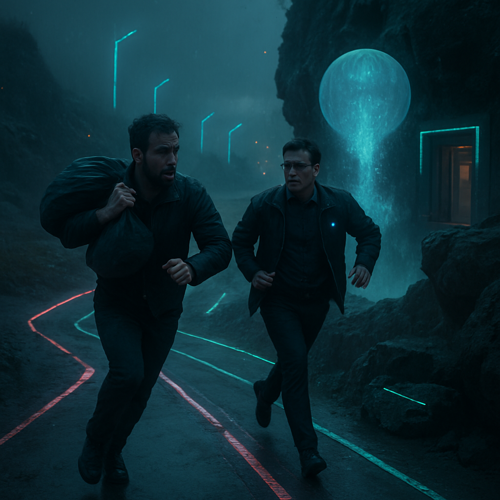 The dreamer is running down a path with Corey from work, carrying a sack of belongings. The path splits into three, each representing different challenges. On a rocky ledge, an aquifer rises beneath them. The dreamer jumps off but ends up trapped in a room.