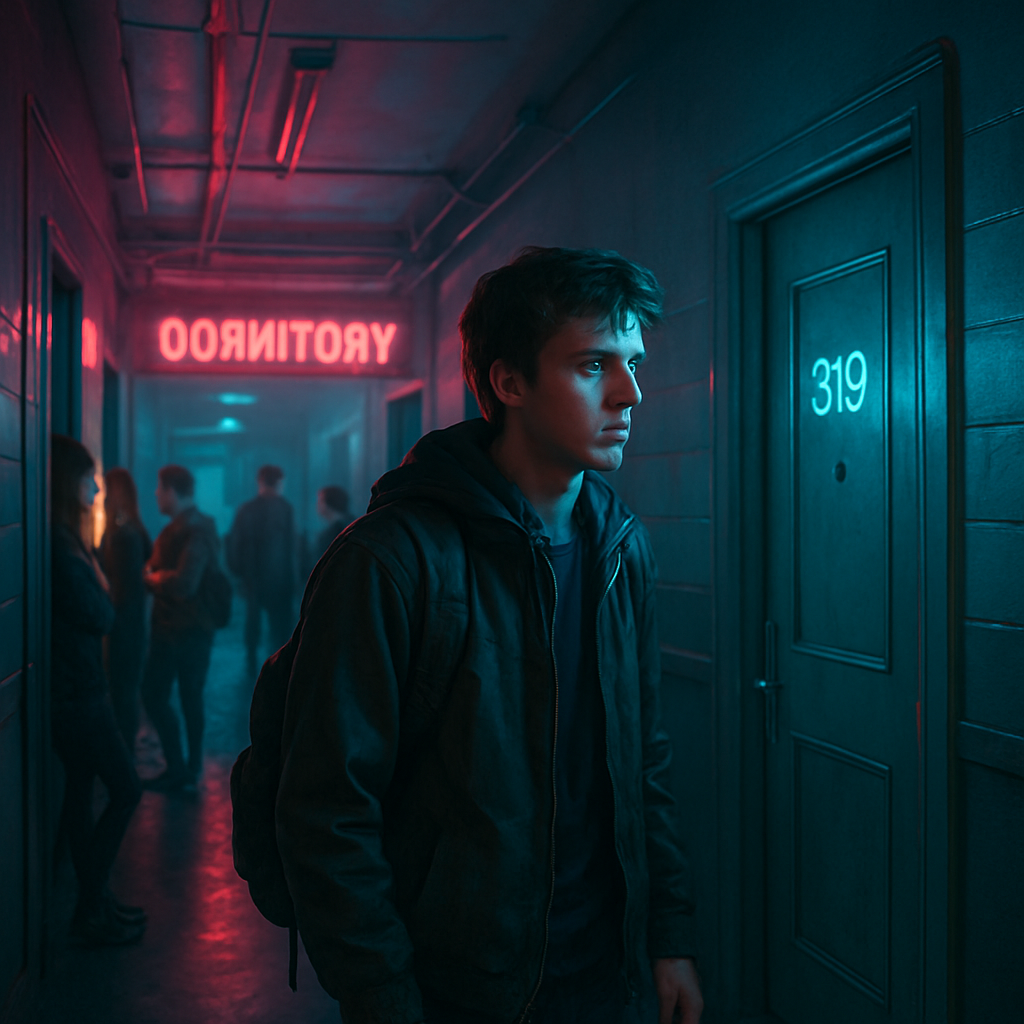 The dreamer is in a dormitory on an upper floor, confused and searching for their room amid others, sensing drama and anxiety among the people around.