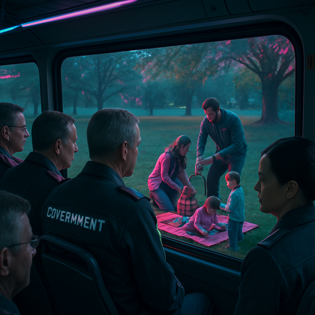 Traveling in a bus with government figures, observing a family preparing for a picnic, feeling anxious about their safety.