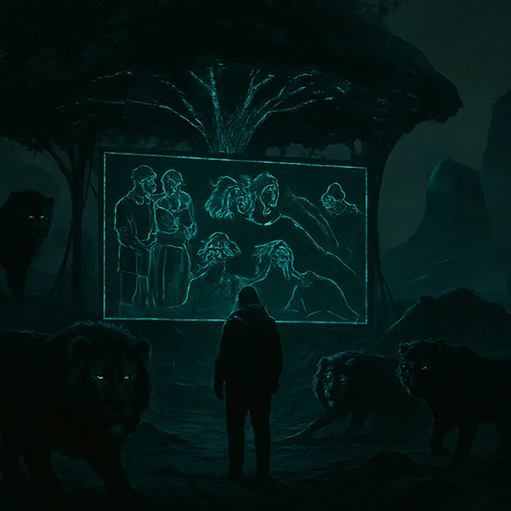 A dreamer is transported to an open country filled with monstrous lions. Seeking refuge, they find a pavilion displaying moving images of a story about a beautiful couple faced with an enchanter's evil intentions, a transformation into a monstrous form, and a chase that ends with a haunting resolution.