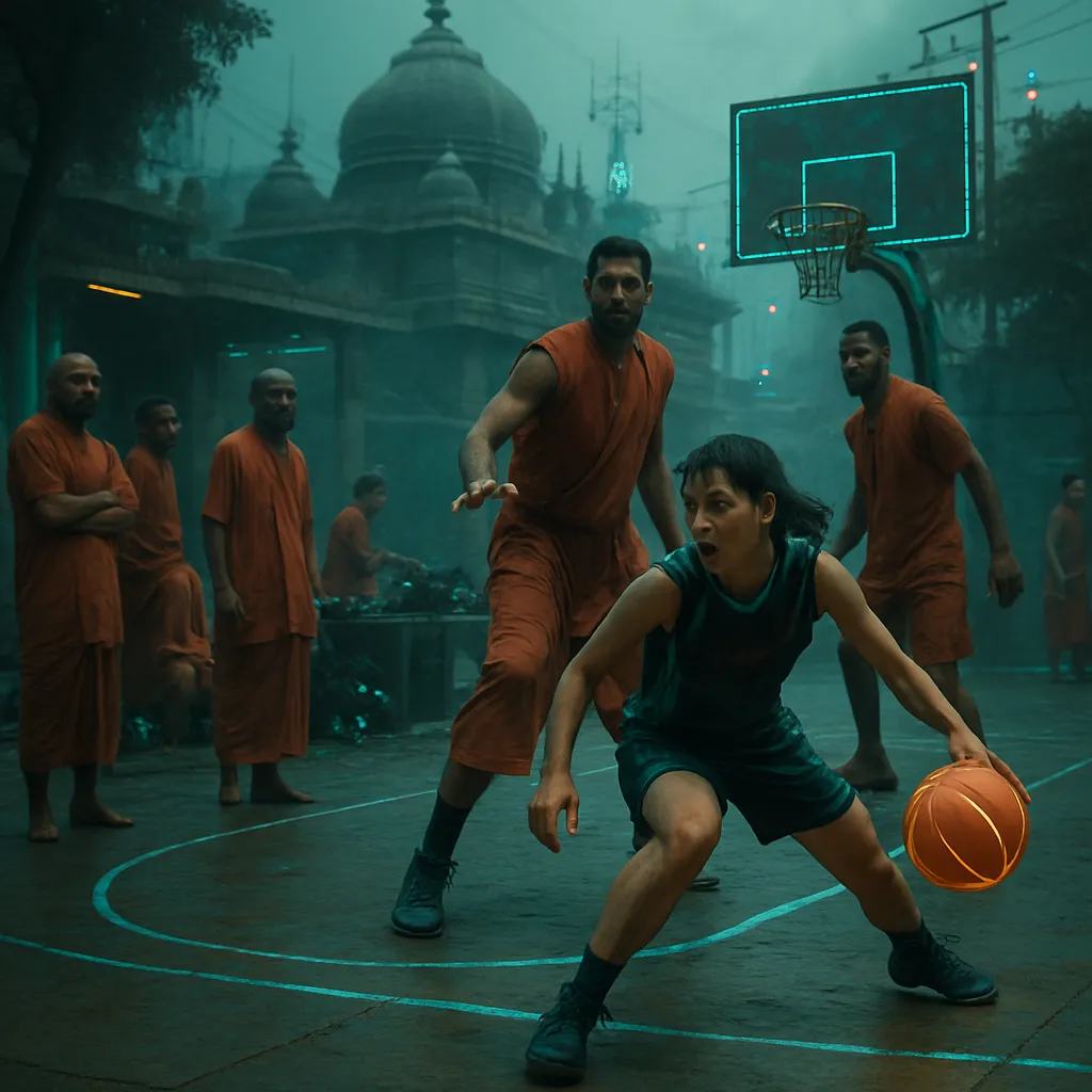The dream describes the dreamer's encounter with a group of Ashram people conducting ancient activities. While observing, the dreamer feels uncertain about the nature of these activities, whether good or bad. In another scene, a small woman with dark hair, named Sheela, plays basketball on an outdoor playground, showcasing her quickness and agility against taller players.