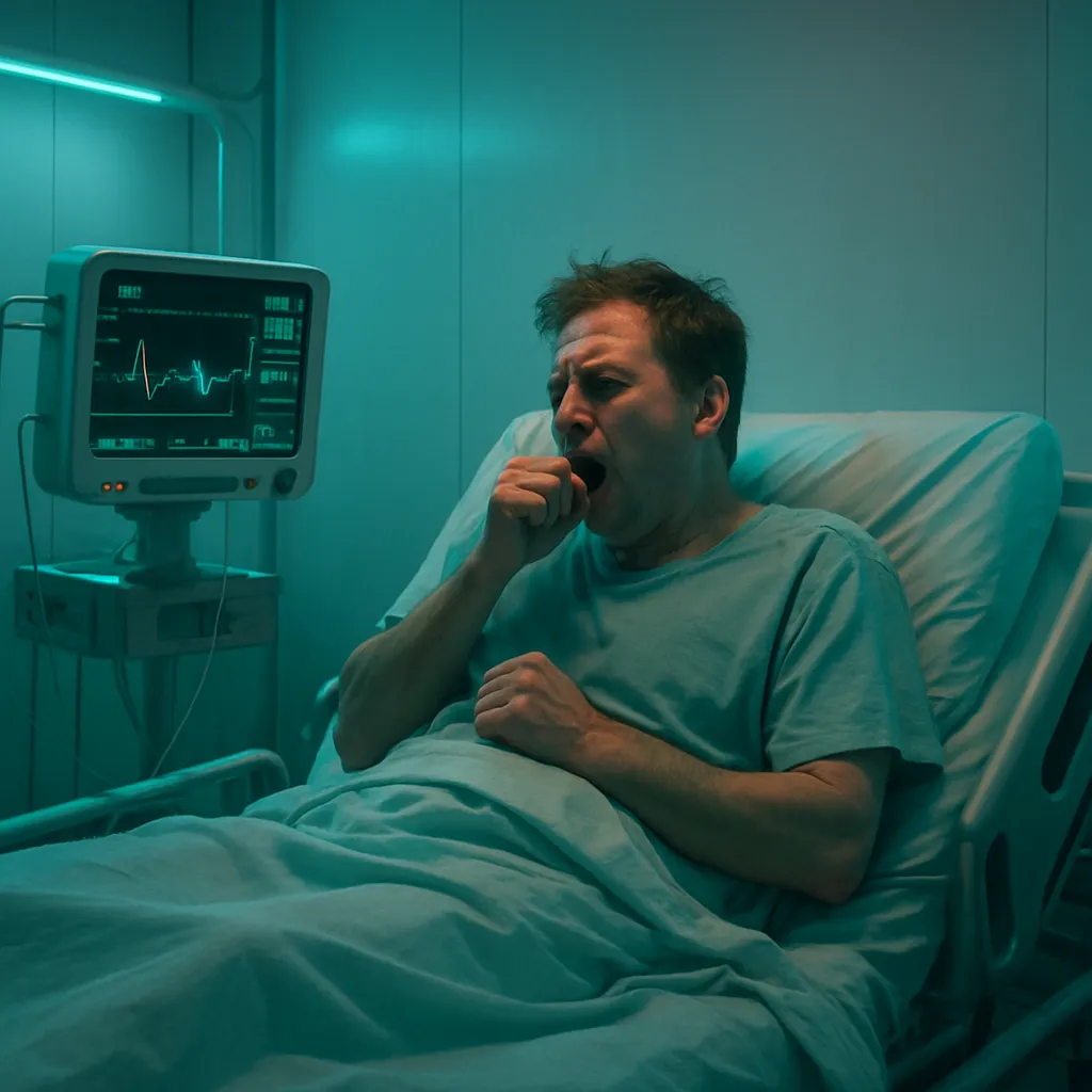 The dreamer finds themselves in a hospital bed within an empty white room, experiencing a moment of coughing followed by a cessation of breathing, and realizing the unreality of the dream.